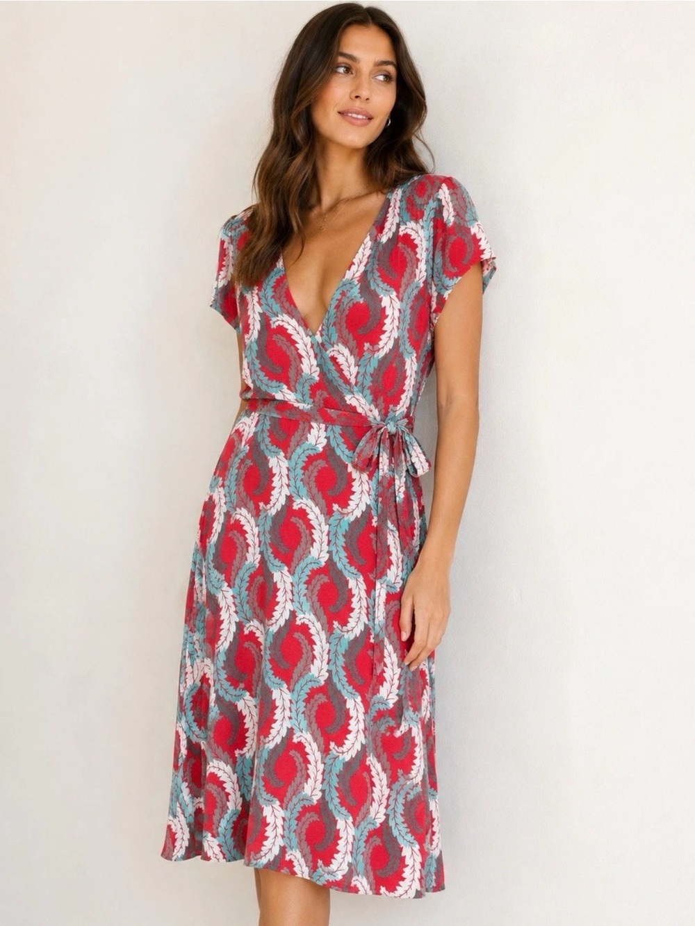 Boden Wrap Dress Marion Coral Acanthus Leaf Print Short Sleeve Jersey Knit Sz 4R